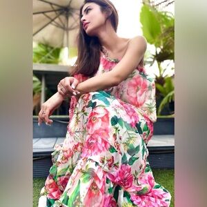 DALIA MACPHEE One Shoulder Ruffle Floral Maxi Dress Pink Multi Belted Silky.